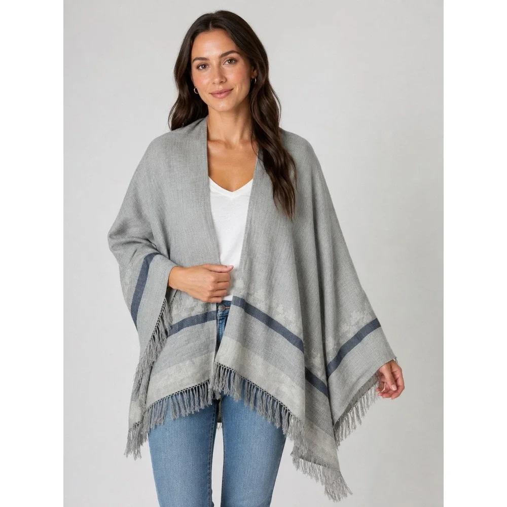 Noonday Collection Wrap Women OS Grey Wool Blend Fringe Geometric Poncho Ruana